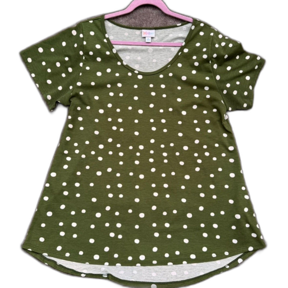 LuLaRoe Olive Green White Polka Dot Tunic Top Size XL Short Sleeve Stretch EUC
